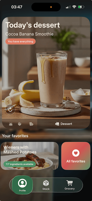 Supa today screen showing a recommendation for what to cook tonight
